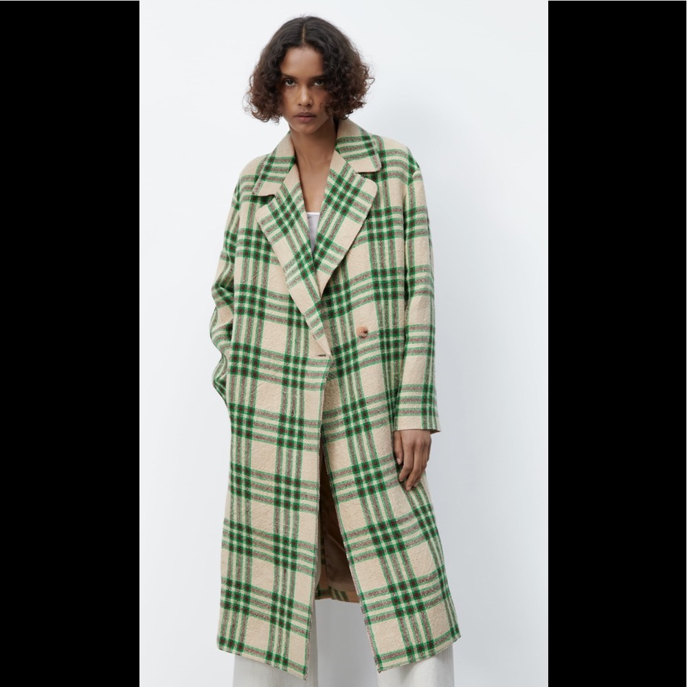Zara Cream & Green Plaid Long Double-Breasted Trench Coat